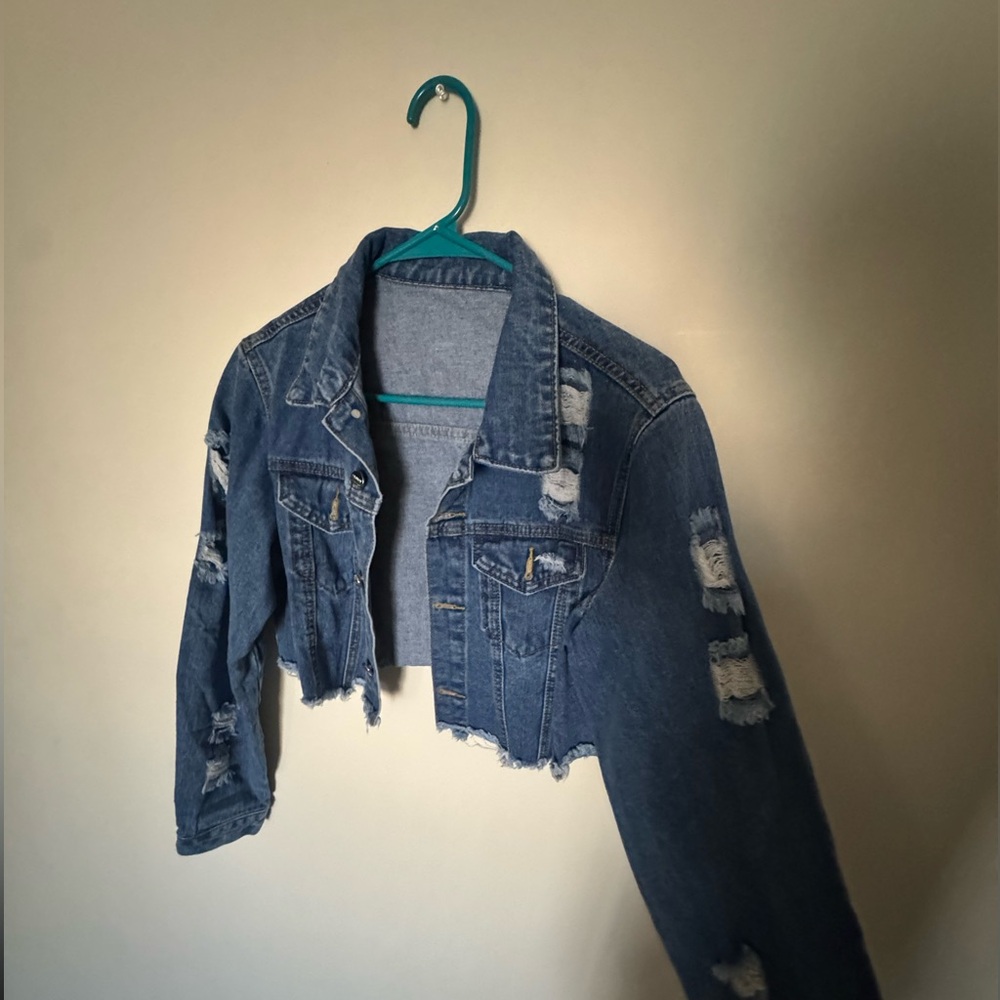 Distressed Blue Denim Cropped Jacket. NEVER WORN